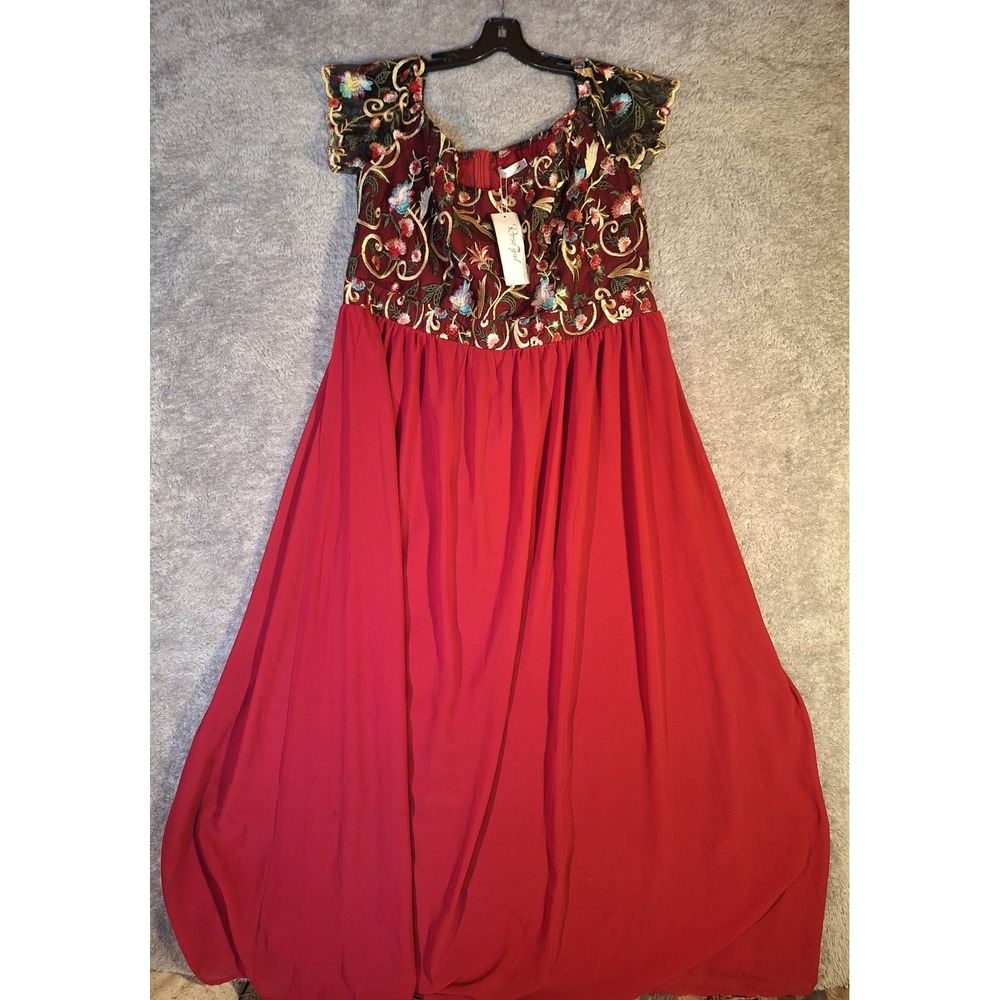 Rosegal Burgundy Floral Embroidered Maxi Dress 2X Boho Off Shoulder Wedding NWT